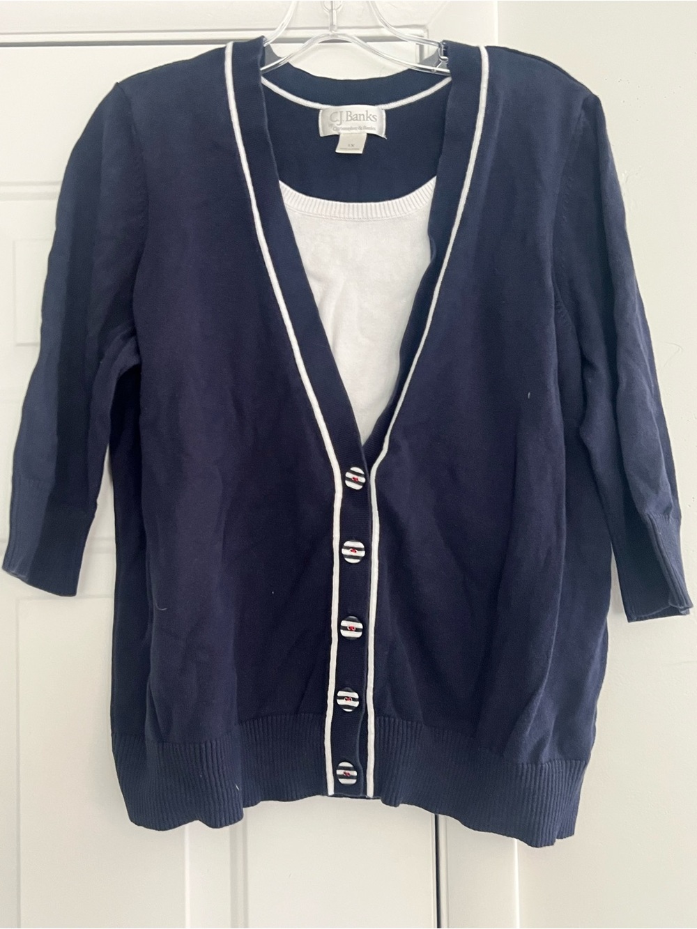 CJ Banks Navy Cardigan with White Trim and Stripe Buttons